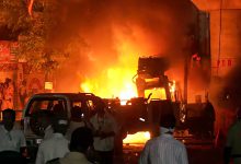 Nagpur, Mar 17 (ANI): Efforts underway to douse fire in vehicles that have been torched after tensions broke out following a dispute between two groups, at Mahal in Nagpur on Monday.