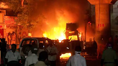 Nagpur, Mar 17 (ANI): Efforts underway to douse fire in vehicles that have been torched after tensions broke out following a dispute between two groups, at Mahal in Nagpur on Monday.