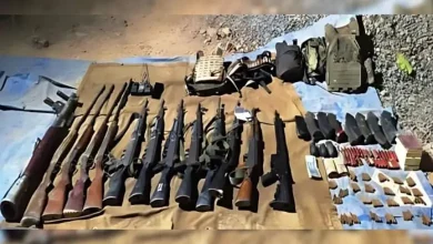 "Assam Rifles troops in Manipur after counterinsurgency operation near Indo-Myanmar border, recovering seized weapons." Weapons recovered in the operation | By special arrangement