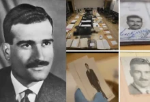 "Eli Cohen's recovered spy archive displayed in Jerusalem, featuring handwritten letters, surveillance photos, and Mossad documents."