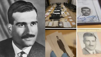 "Eli Cohen's recovered spy archive displayed in Jerusalem, featuring handwritten letters, surveillance photos, and Mossad documents."
