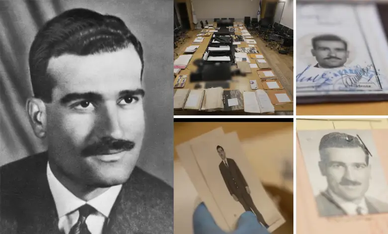 "Eli Cohen's recovered spy archive displayed in Jerusalem, featuring handwritten letters, surveillance photos, and Mossad documents."