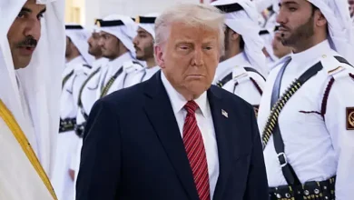 Qatar’s Emir Sheikh Tamim bin Hamad al-Thani (L) receives US President Donald Trump in the Qatari capital Doha.