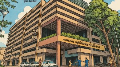 Ahmedabad Municipal Corporation building with "AMC" logo, symbolizing urban development and civic revenue.