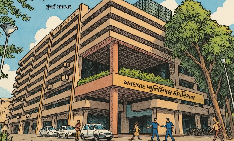 Ahmedabad Municipal Corporation building with "AMC" logo, symbolizing urban development and civic revenue.