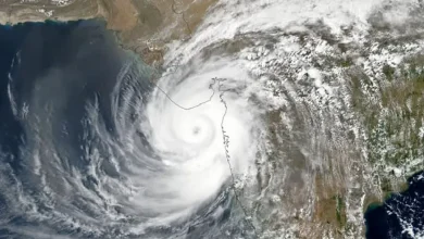 Satellite image showing a depression over the Arabian Sea approaching Gujarat, signaling heavy rainfall.