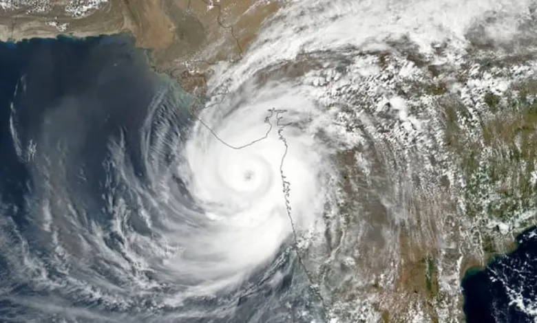 Satellite image showing a depression over the Arabian Sea approaching Gujarat, signaling heavy rainfall.