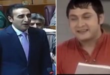 "Bilawal Bhutto speaking in Pakistan's National Assembly, compared to Rosesh Sarabhai's dramatic style in viral meme trend."