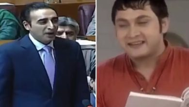 "Bilawal Bhutto speaking in Pakistan's National Assembly, compared to Rosesh Sarabhai's dramatic style in viral meme trend."
