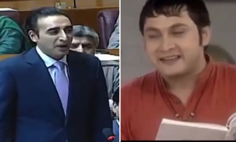 "Bilawal Bhutto speaking in Pakistan's National Assembly, compared to Rosesh Sarabhai's dramatic style in viral meme trend."