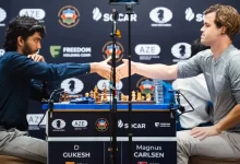 Grandmasters Magnus Carlsen and D Gukesh focused during a match at the prestigious Norway Chess 2025 in Stavanger.