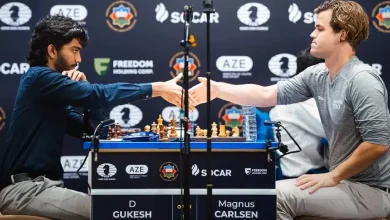 Grandmasters Magnus Carlsen and D Gukesh focused during a match at the prestigious Norway Chess 2025 in Stavanger.