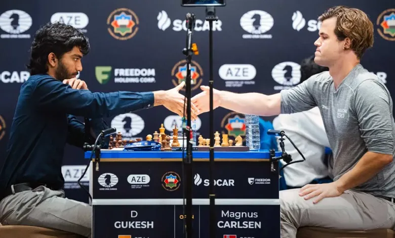 Grandmasters Magnus Carlsen and D Gukesh focused during a match at the prestigious Norway Chess 2025 in Stavanger.