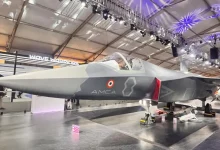 "Advanced Medium Combat Aircraft (AMCA) prototype model, symbolizing India's next-gen fighter jet aspirations.",