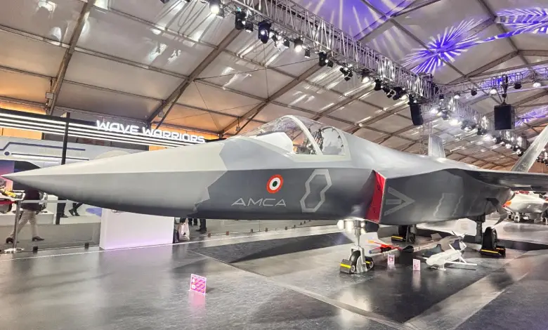 "Advanced Medium Combat Aircraft (AMCA) prototype model, symbolizing India's next-gen fighter jet aspirations.",