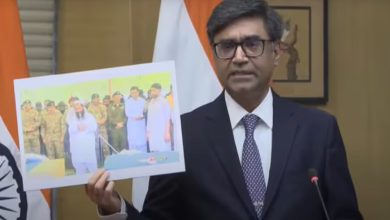 India exposes Pakistan terror links. FS Misri shows state funeral photo of militants killed in strikes.