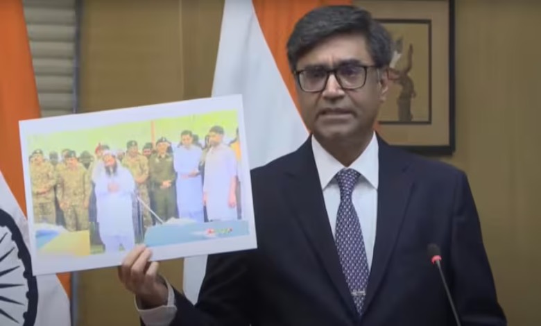 India exposes Pakistan terror links. FS Misri shows state funeral photo of militants killed in strikes.