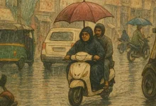 Heavy rainfall in Gujarat with strong winds and waterlogged streets, as a yellow alert is issued. | Miniature Painting style