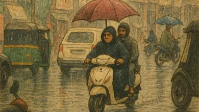 Heavy rainfall in Gujarat with strong winds and waterlogged streets, as a yellow alert is issued. | Miniature Painting style