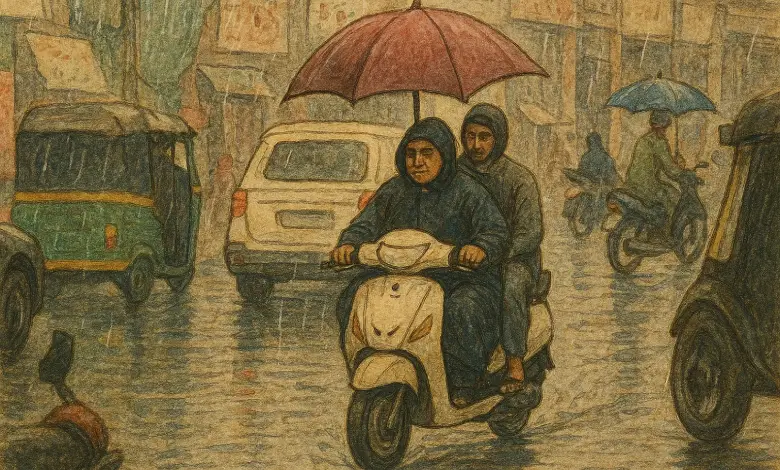Heavy rainfall in Gujarat with strong winds and waterlogged streets, as a yellow alert is issued. | Miniature Painting style
