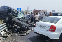 Wreckage of two cars after fatal collision on Dholera-Bhavnagar highway in Gujarat, highlighting road safety concerns.