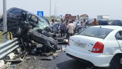 Wreckage of two cars after fatal collision on Dholera-Bhavnagar highway in Gujarat, highlighting road safety concerns.