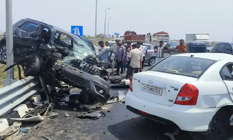 Wreckage of two cars after fatal collision on Dholera-Bhavnagar highway in Gujarat, highlighting road safety concerns.