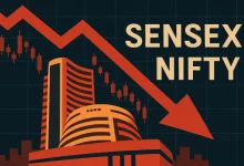 "BSE Sensex and NSE Nifty trading board showing early dip, with auto and financial stocks under pressure in Indian market."