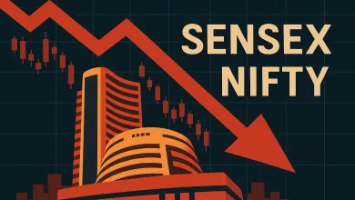 "BSE Sensex and NSE Nifty trading board showing early dip, with auto and financial stocks under pressure in Indian market."
