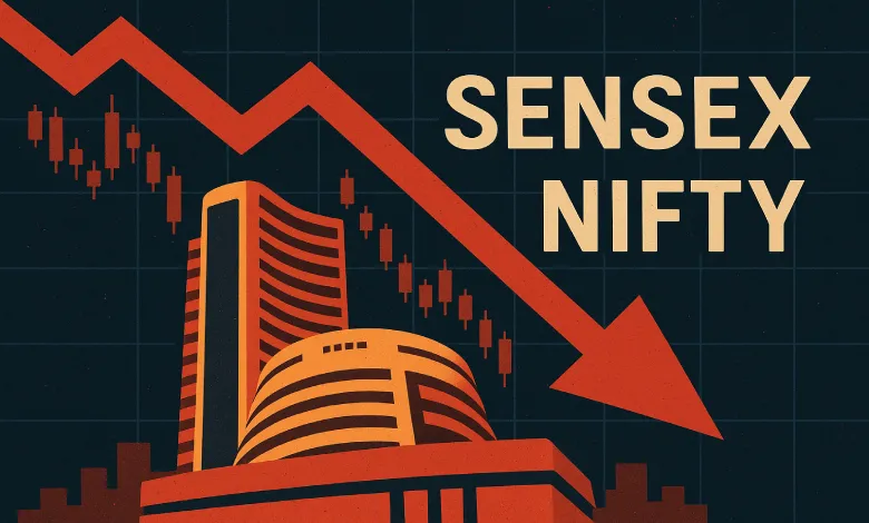 "BSE Sensex and NSE Nifty trading board showing early dip, with auto and financial stocks under pressure in Indian market."