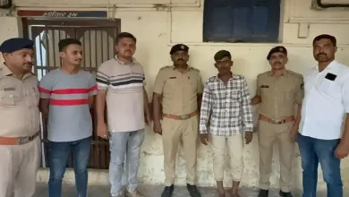 Jamnagar railway police at crime scene where disabled man was found dead after being thrown from a moving train.