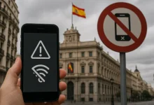 "Telecom outage in Spain: Mobile phone displaying 'No Service' as Telefónica disruption affects internet and emergency lines."