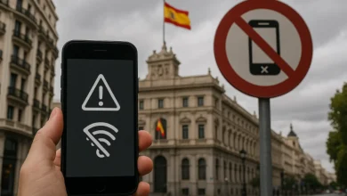 "Telecom outage in Spain: Mobile phone displaying 'No Service' as Telefónica disruption affects internet and emergency lines."