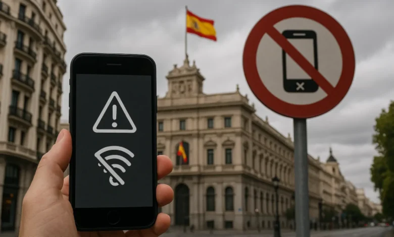 "Telecom outage in Spain: Mobile phone displaying 'No Service' as Telefónica disruption affects internet and emergency lines."