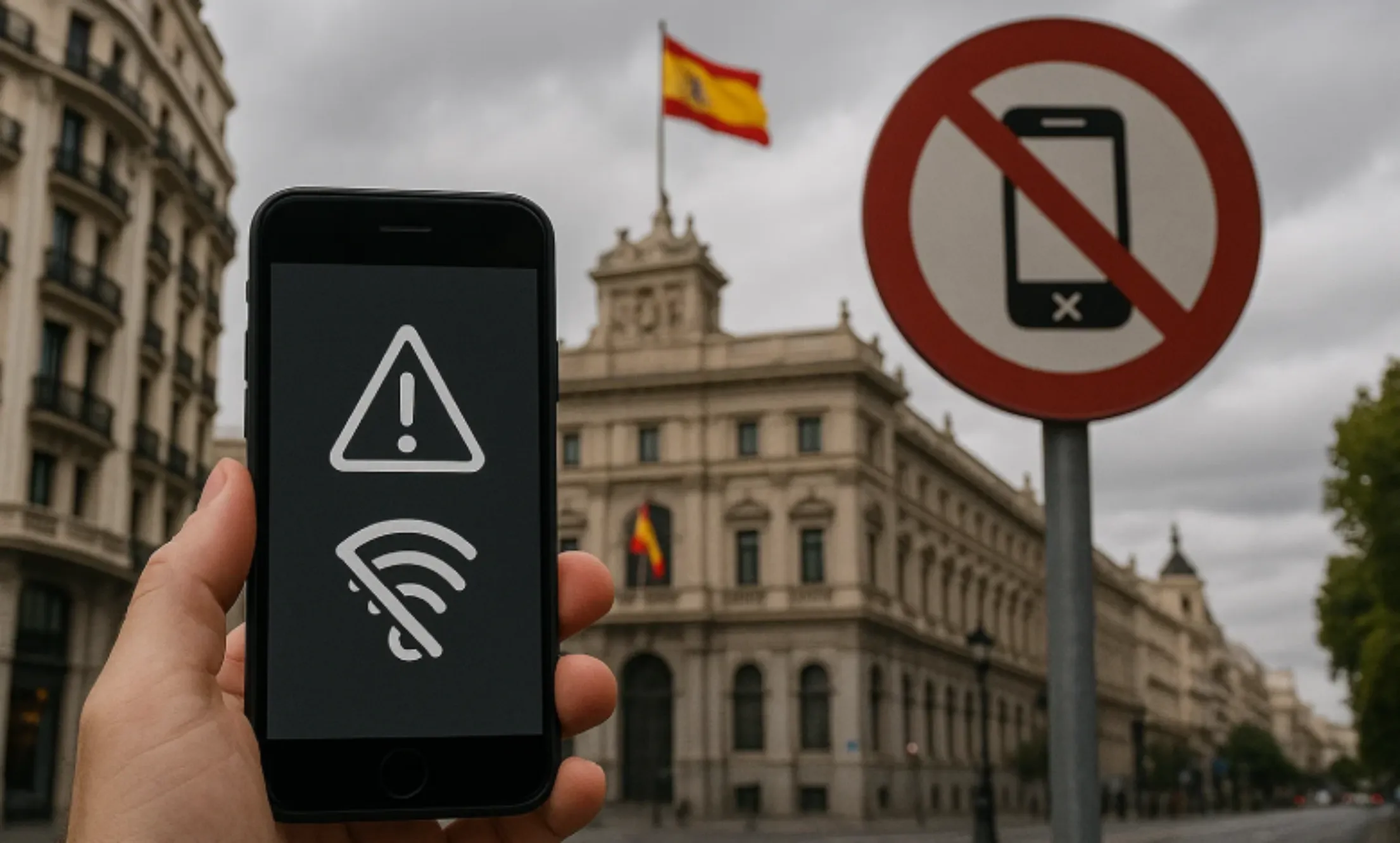 "Telecom outage in Spain: Mobile phone displaying 'No Service' as Telefónica disruption affects internet and emergency lines."