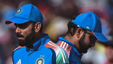 Indian cricketers Virat Kohli and Rohit Sharma in team jerseys, facing the challenge of the 2027 ODI World Cup.
