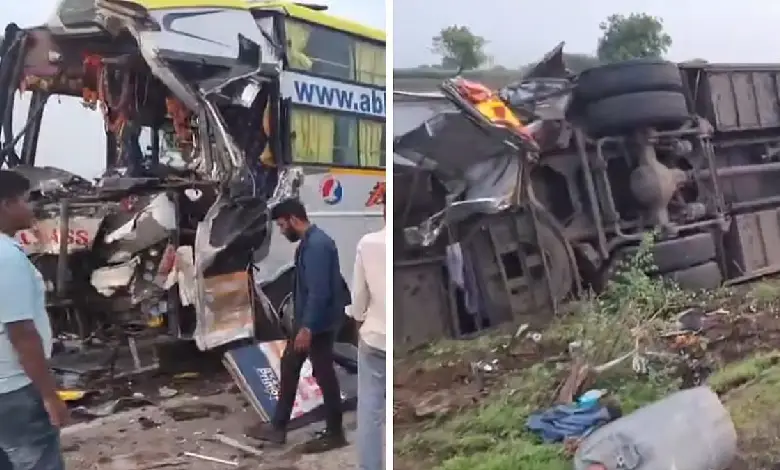 Maharashtra Bus Crash 2 Dead and Nearly 20 Injured On Latur-Solapur Highway ( WATCH )