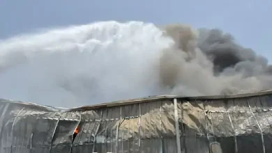 Firefighters tackle massive blaze at Welspun cotton plant in Anjar, with smoke billowing from the factory unit.