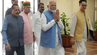 Prime Minister Narendra Modi at a press conference, reflecting on key political and national developments.