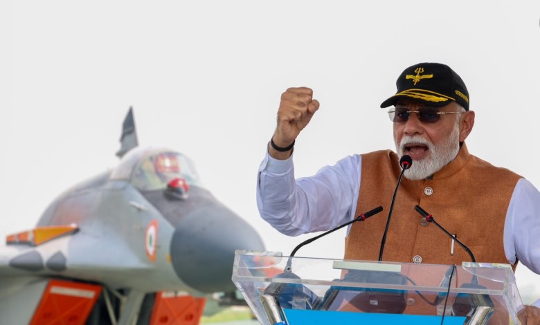 Modi at Adampur Airbase. S-400 shown, refutes Pakistan's strike claim. Operational base display.
