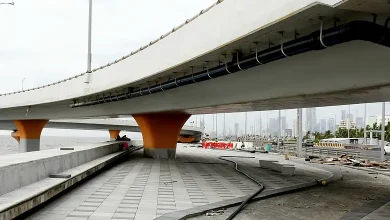 Mumbai Coastal Road promenade nearing completion, featuring lush greenery and a wide walking path by the sea.