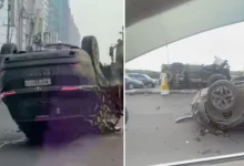 "Damaged car and tempo after collision on Mumbai's Eastern Express Highway near Vikhroli, with emergency responders at scene"