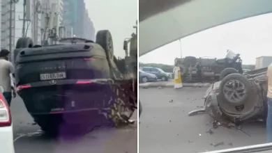 "Damaged car and tempo after collision on Mumbai's Eastern Express Highway near Vikhroli, with emergency responders at scene"