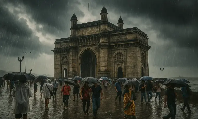 Mumbai skyline during pre-monsoon showers with overcast skies and light rainfall.