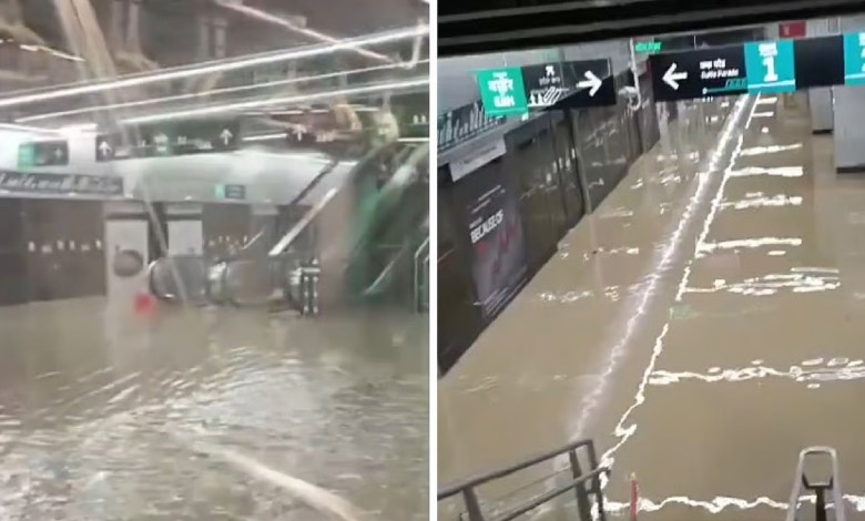 Flooded Mumbai Metro 3 Aqua Line station with knee-high water after heavy monsoon rains.