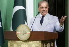 Pakistan's PM Shehbaz Sharif speaks at a press conference, discussing peace talks with India on Kashmir and trade.