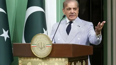 Pakistan's PM Shehbaz Sharif speaks at a press conference, discussing peace talks with India on Kashmir and trade.