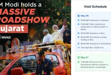 Prime Minister Narendra Modi's roadshow in Ahmedabad, featuring a Rafale jet tableau and large crowds.