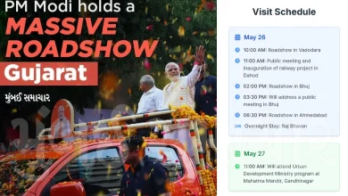 Prime Minister Narendra Modi's roadshow in Ahmedabad, featuring a Rafale jet tableau and large crowds.