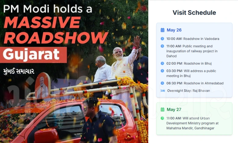 Prime Minister Narendra Modi's roadshow in Ahmedabad, featuring a Rafale jet tableau and large crowds.
